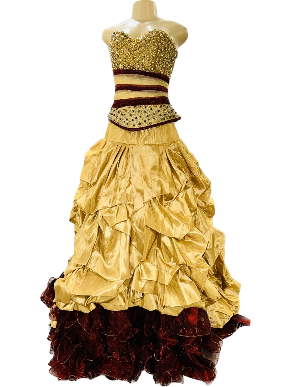 Ragazza Fashion Andaluńa Costura Gold and Burgundy Strapless A-Line Evening Gown
